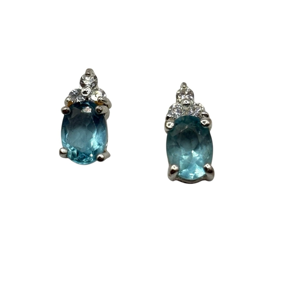Stimulated Aquamarine Stud‎ Earrings Sterling Sliver 925 CZ Accents Post by FAS - Picture 2 of 14